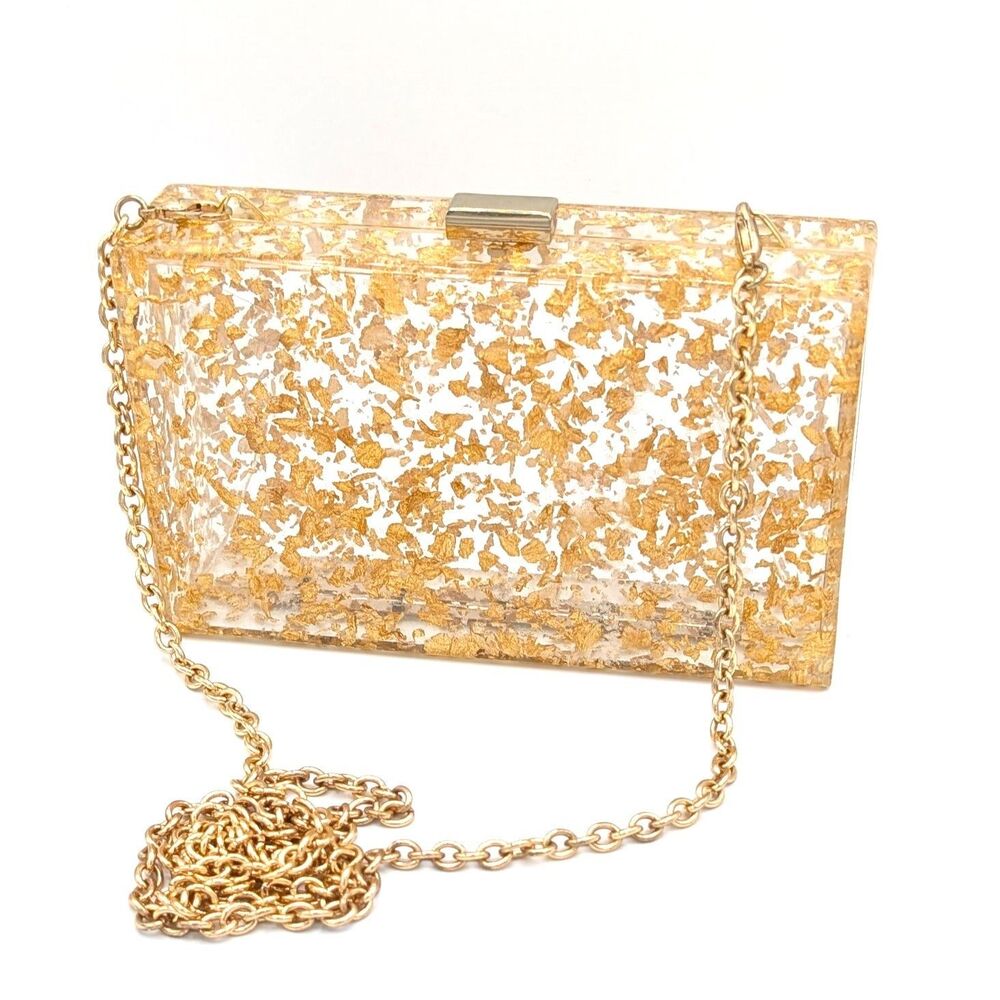 Urban Outfitters Clear Lucite Gold Flake Hard Body Box Purse w/ Chain Strap